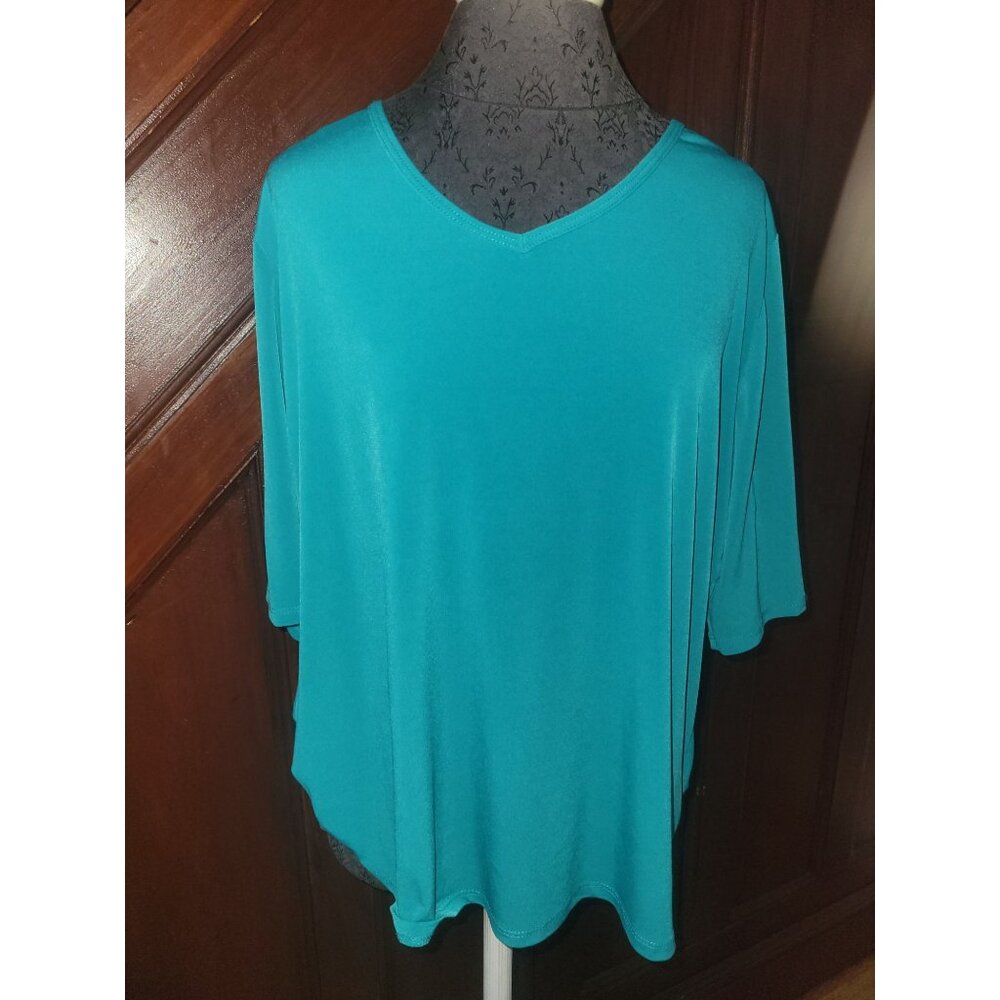 Susan Graver Essentials Teal V-Neck Long Sleeve Top 1X Womens Polyester Blend
